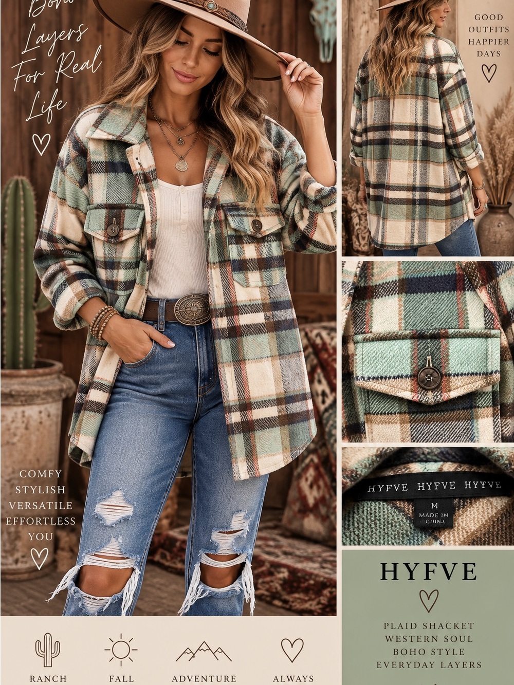 HYFVE Mint, Beige & Navy Plaid Shacket
